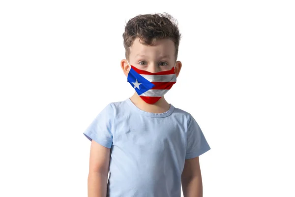 Respirator Flag New Caledonia White Boy Puts Medical Face Mask — Stock Photo, Image