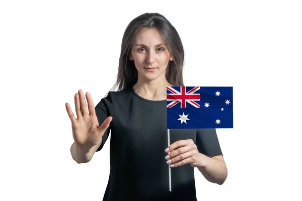 Mujer Blanca Joven Feliz Sosteniendo Bandera Australia Con Una Cara —  Fotos de Stock