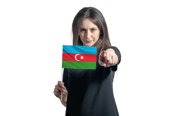 Azerbaycan Bayrağını Taşıyan Mutlu Beyaz Kadın Beyaz Bir Arkaplanda Izole — Stok fotoğraf