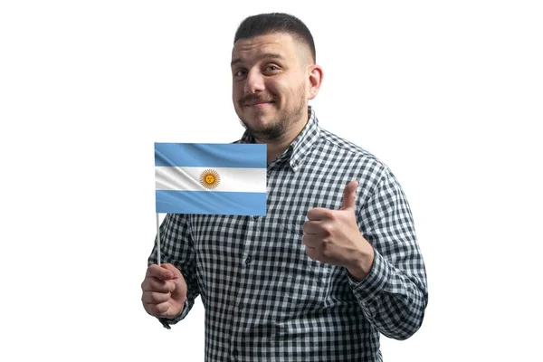 Vit Kille Som Håller Flagga Argentina Och Visar Klassen För — Stockfoto