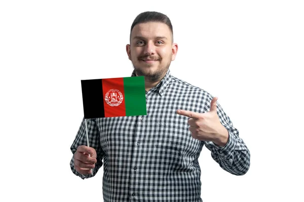 Blanke Man Met Een Vlag Van Afghanistan Wijst Met Vinger — Stockfoto