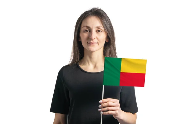 Happy Young White Girl Holding Benin Flag Isolated White Background — Stock Photo, Image