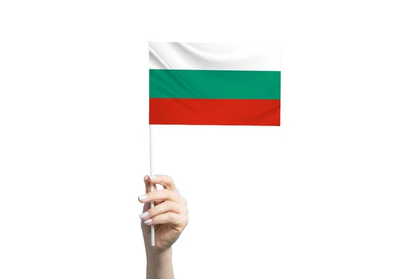 Beyaz Arka Planda Izole Edilmiş Bulgaristan Bayrağını Tutan Güzel Bir — Stok fotoğraf