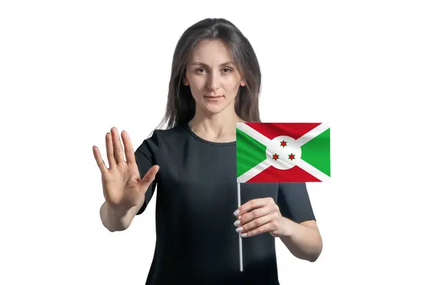 Happy Young White Woman Holding Flag Burundi Serious Face Shows — Stock Photo, Image