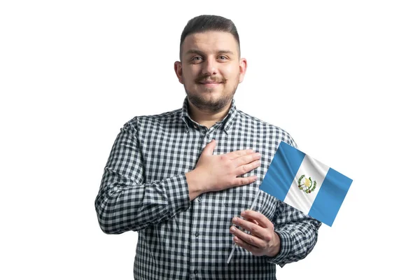 Vit Kille Som Håller Flagga Guatemala Och Håller Sin Hand — Stockfoto