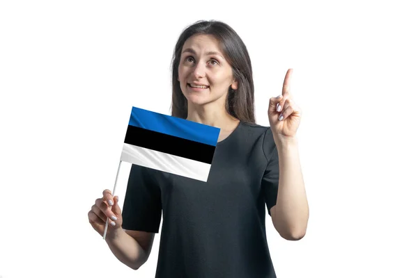 Gelukkig Jong Wit Vrouw Met Vlag Van Estland Wijst Duimen — Stockfoto