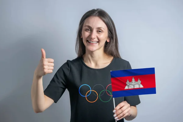 Happy Young White Woman Holding Flag Cambodia Shows Class Olympic — Stock Photo, Image