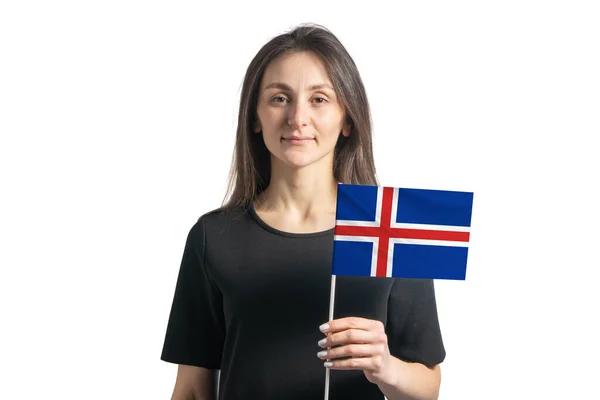 Feliz Joven Blanca Sosteniendo Bandera Islandia Aislada Sobre Fondo Blanco —  Fotos de Stock