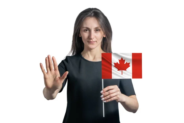 Gelukkige Jonge Blanke Vrouw Met Vlag Van Canada Met Een — Stockfoto