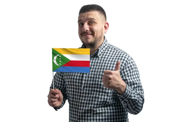 Blanke Man Met Een Vlag Van Comoren Toont Klasse Met — Stockfoto