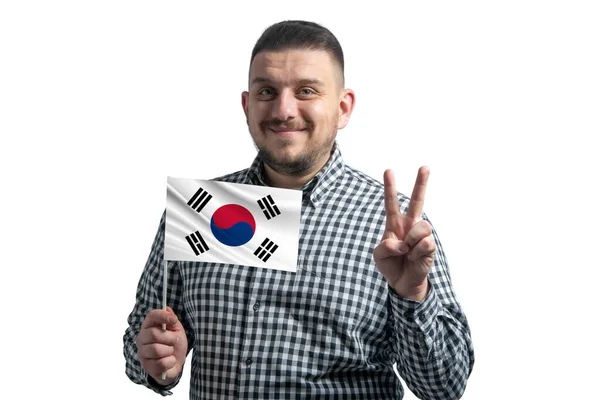 Hombre Blanco Sosteniendo Una Bandera Corea Del Sur Muestra Dos — Foto de Stock