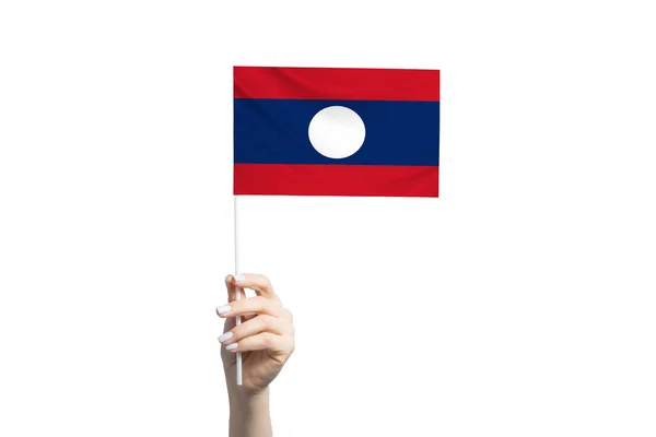 Beautiful Female Hand Holding Laos Flag Isolated White Background — Stock Photo, Image