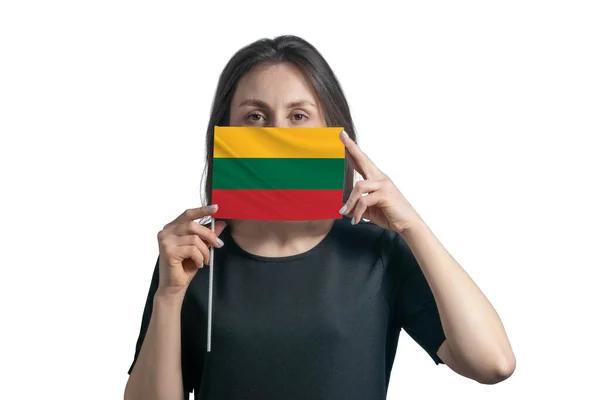 Glad Ung Vit Kvinna Med Flagga Litauen Flagga Och Täcker — Stockfoto