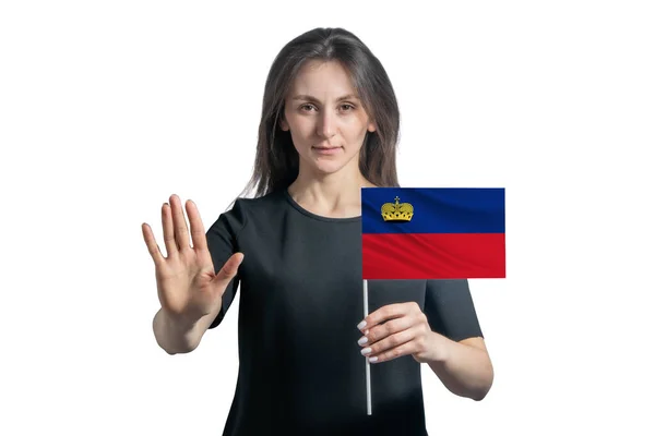 Glad Ung Vit Kvinna Som Håller Flagga Liechtenstein Och Med — Stockfoto