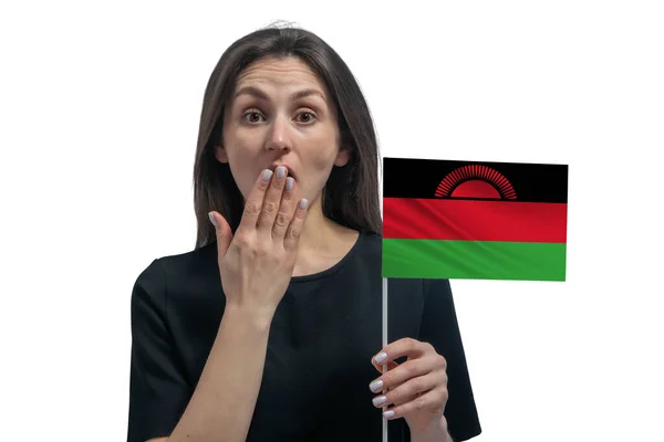 Happy Young White Woman Holding Flag Malawi Covers Her Mouth — Stock Photo, Image