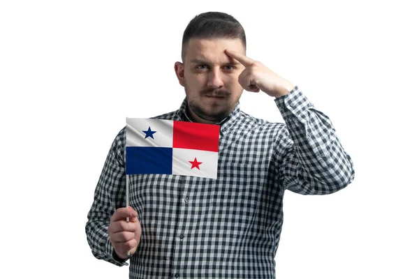 Blanke Man Met Een Vlag Van Panama Een Vinger Raakt — Stockfoto