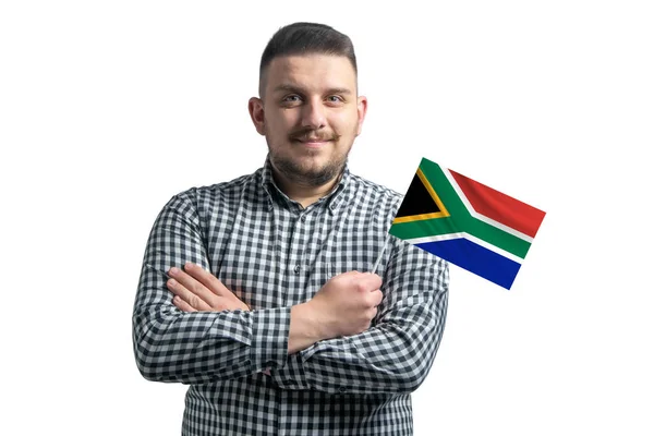 Blanke Man Met Een Vlag Van Zuid Afrikaanse Republiek Glimlachend — Stockfoto