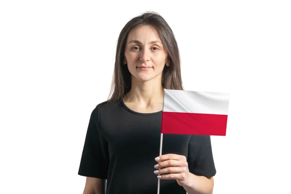 Glad Ung Vit Flicka Som Håller Polen Flagga Isolerad Vit — Stockfoto