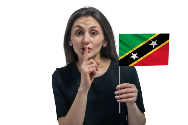 Happy Young White Woman Holding Flag Kitts Nevis Holds Finger — Stock Photo, Image