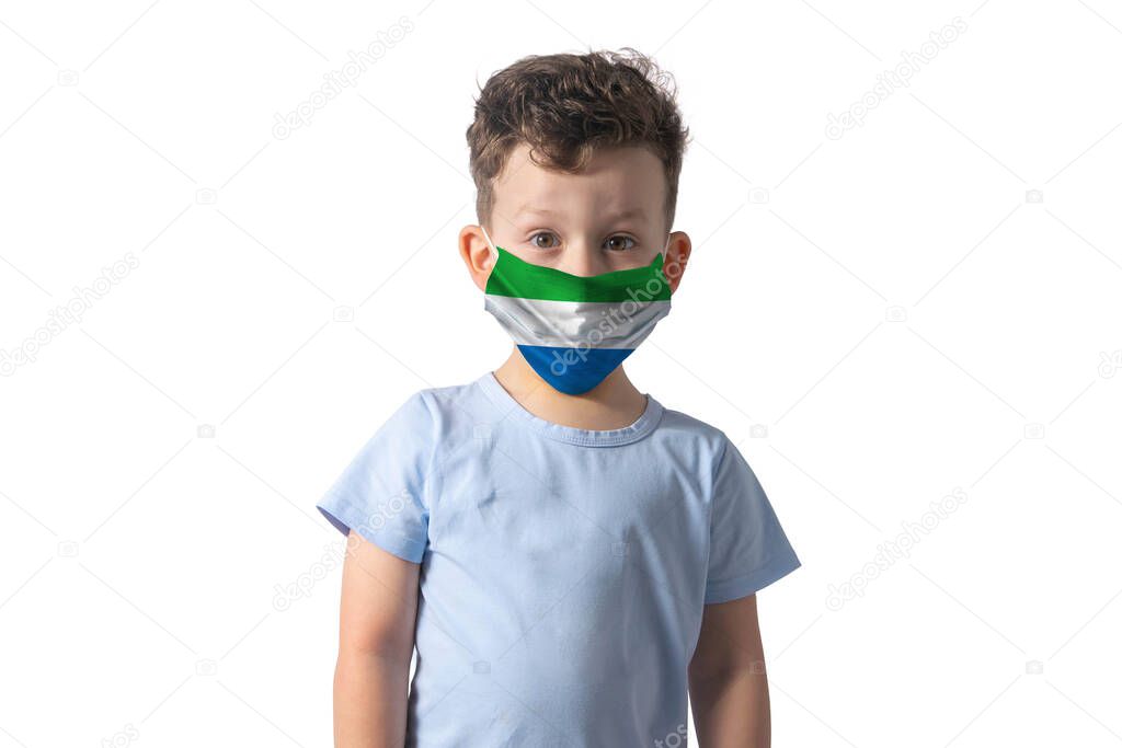 Respirator with flag of Sierra Leone. White boy puts on medical face mask isolated on white background.