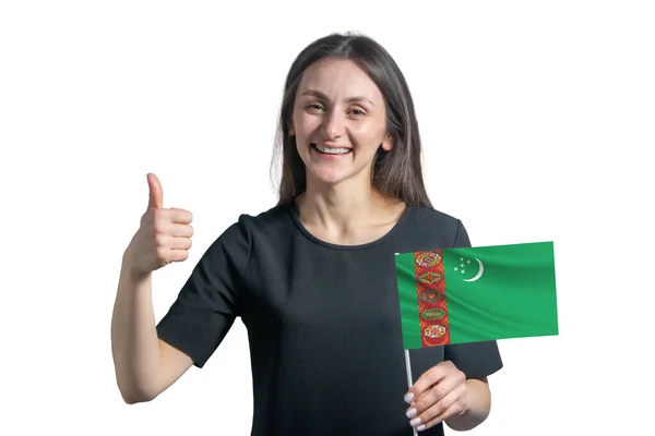 Gelukkige Jonge Blanke Vrouw Met Vlag Van Turkmenistan Toont Klasse — Stockfoto