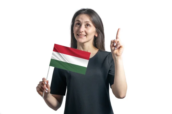 Gelukkige Jonge Blanke Vrouw Met Vlag Van Hongarije Duimen Omhoog — Stockfoto