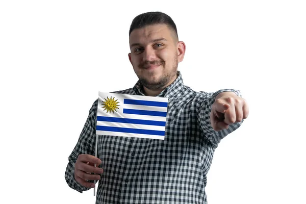 Vit Kille Som Håller Flagga Uruguay Och Pekar Framåt Framför — Stockfoto