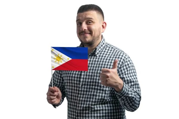 Pria Kulit Putih Memegang Bendera Filipina Dan Menunjukkan Kelas Dengan — Stok Foto