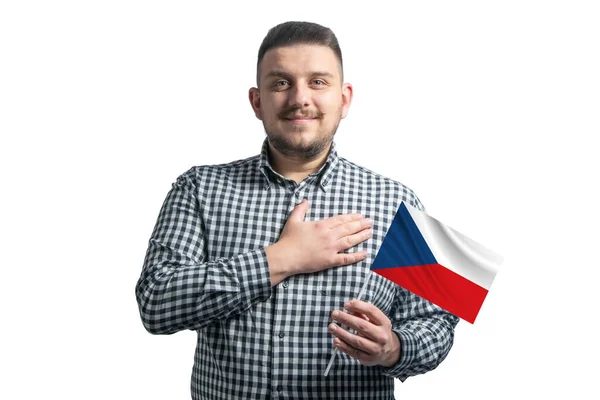 Chico Blanco Sosteniendo Una Bandera República Checa Sostiene Mano Sobre — Foto de Stock