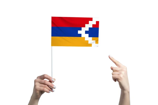 Vacker Kvinnlig Hand Håller Nagorno Karabach Republic Flagga Som Hon — Stockfoto