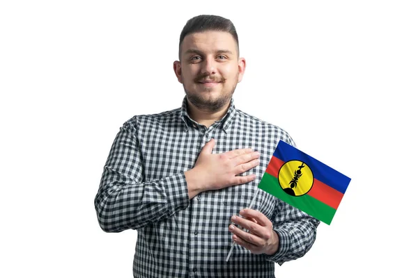 White Guy Holding Flag New Caledonia Holds His Hand His — Stock Photo, Image