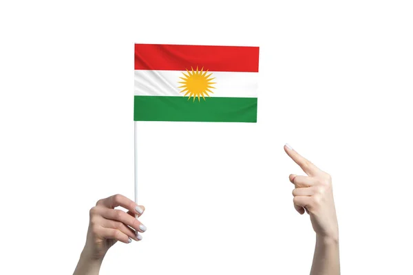 Een Mooie Vrouwelijke Hand Houdt Een Koerdische Vlag Vast Waarop — Stockfoto