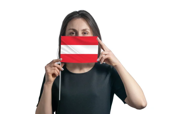 Gelukkige Jonge Blanke Vrouw Met Vlag Oostenrijk Vlag Bedekt Haar — Stockfoto