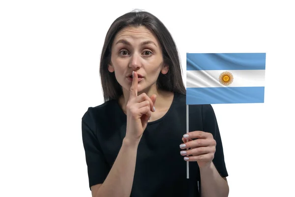 Glad Ung Vit Kvinna Som Håller Flaggan Argentina Och Håller — Stockfoto