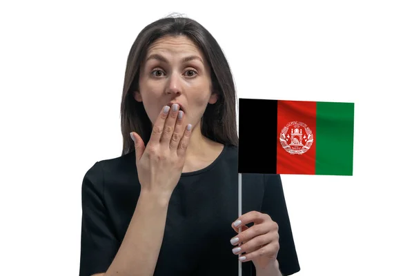 Gelukkige Jonge Blanke Vrouw Met Vlag Van Afghanistan Bedekt Haar — Stockfoto