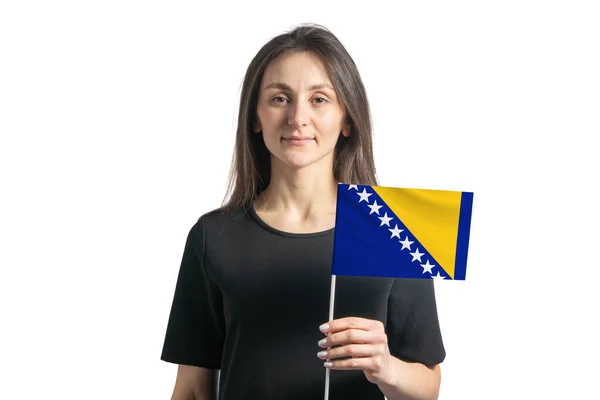 Glad Ung Vit Flicka Som Håller Bosnien Och Hercegovina Flagga — Stockfoto