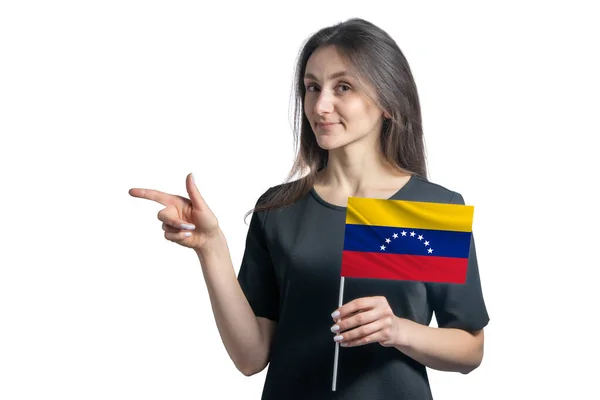Gelukkige Jonge Blanke Vrouw Met Vlag Venezuela Wijst Naar Links — Stockfoto