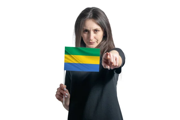 Happy Young White Woman Holding Flag Gabon Points Forward Front — Stock Photo, Image