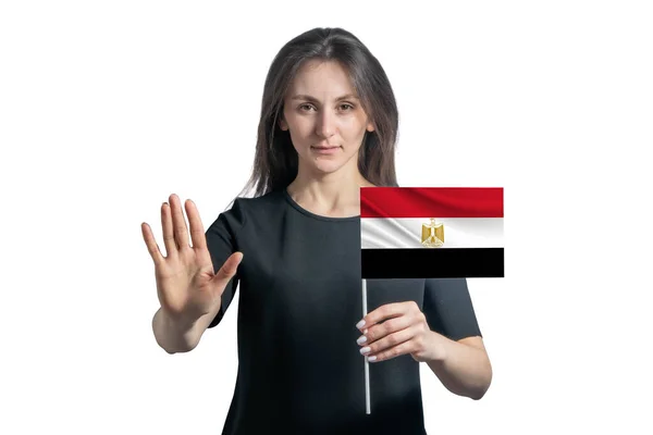 Felice Giovane Donna Bianca Che Tiene Bandiera Dell Egitto Con — Foto Stock