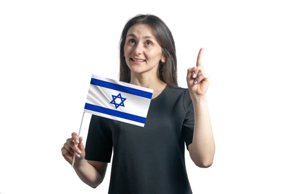 Jovem Mulher Branca Feliz Segurando Bandeira Israel Aponta Polegares Isolados — Fotografia de Stock