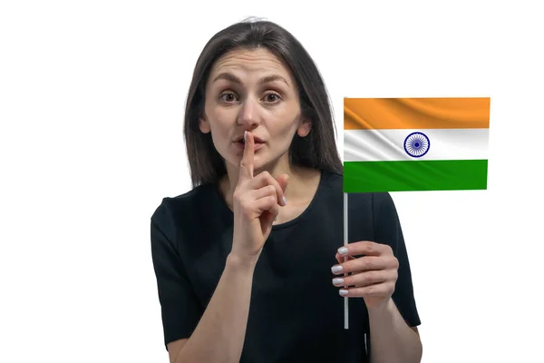 Happy Young White Woman Holding Flag India Holds Finger Her — Stock Photo, Image