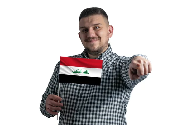 Weißer Typ Mit Einer Flagge Des Irak Und Zeigt Isoliert — Stockfoto