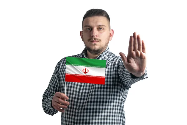 Hombre Blanco Sosteniendo Una Bandera Irán Con Una Cara Seria —  Fotos de Stock