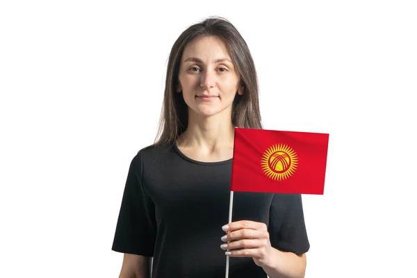 Glad Ung Vit Flicka Som Håller Kirgizistan Flagga Isolerad Vit — Stockfoto