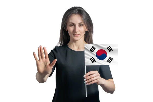 Mujer Blanca Joven Feliz Sosteniendo Bandera Corea Del Sur Con — Foto de Stock