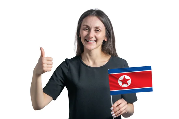 Feliz Joven Mujer Blanca Sosteniendo Bandera Corea Del Norte Muestra — Foto de Stock