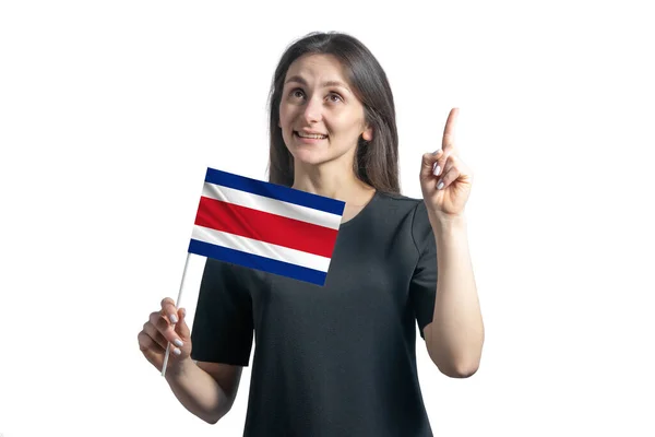 Happy Young White Woman Holding Flag Costa Rica Points Thumbs — Stock Photo, Image