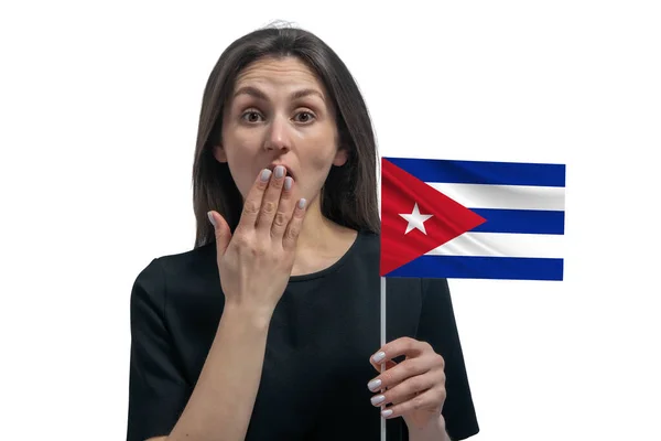 Gelukkig Jong Wit Vrouw Met Vlag Van Cuba Bedekt Haar — Stockfoto