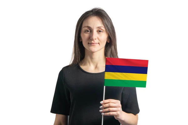 Happy Young White Girl Holding Mauritius Flag Isolated White Background — Stock Photo, Image