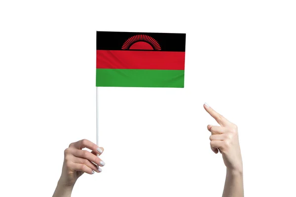 Beautiful Female Hand Holds Malawi Flag Which She Shows Finger — Stock Photo, Image